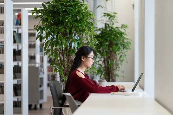 Étudiante asiatique ciblée utilisant un ordinateur portable tout en étudiant dans une bibliothèque universitaire, plante sur fond — Photo