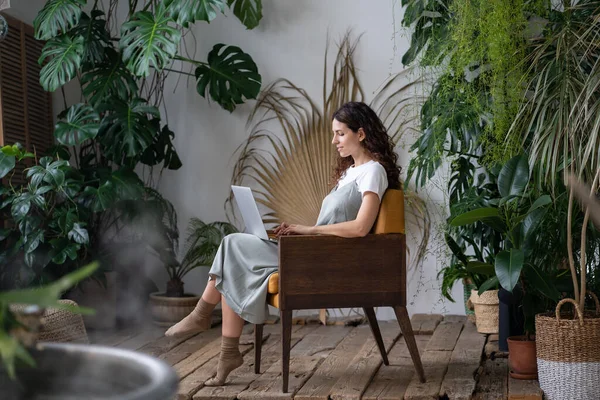 Kobieta ogrodnik siedzi w fotelu w szklarni, pracuje na laptopie otoczony egzotycznych roślin domowych — Zdjęcie stockowe