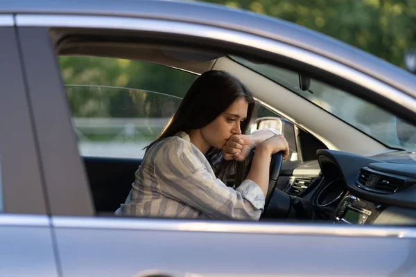 Depressed Young Woman Driver Sitting Car Feeling Doubtful Confused Difficult — Stock Photo, Image