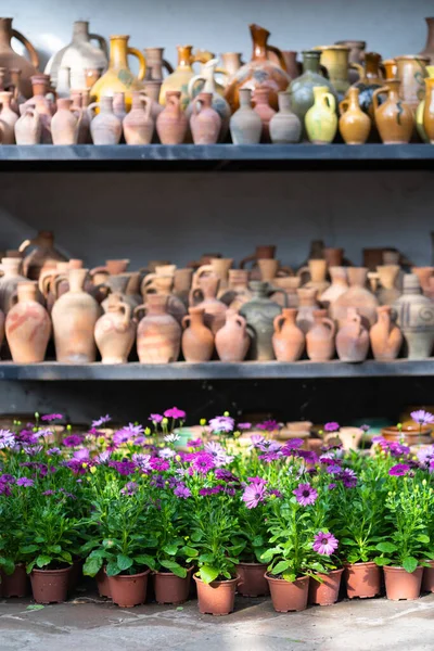 屋内で開花植物の花を持つ陶器のポットの手芸品の多くは 選択的な焦点 地元トルコ市場で棚の上に様々な形の多くのユニークな手作りのカラフルな粘土のジャグや花瓶 — ストック写真