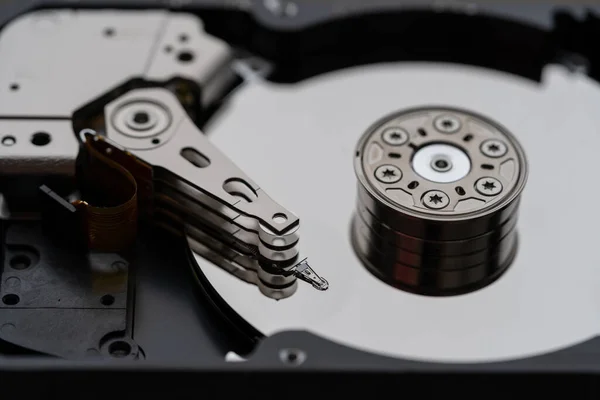 Opened Hard Disk Disassembly Repair Service Macro Shot Computer Hdd — Stock Photo, Image