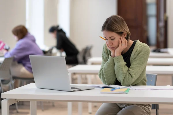 Upset Female Mature Age Student Sitting Desk Laptop Classroom Tired — Stockfoto