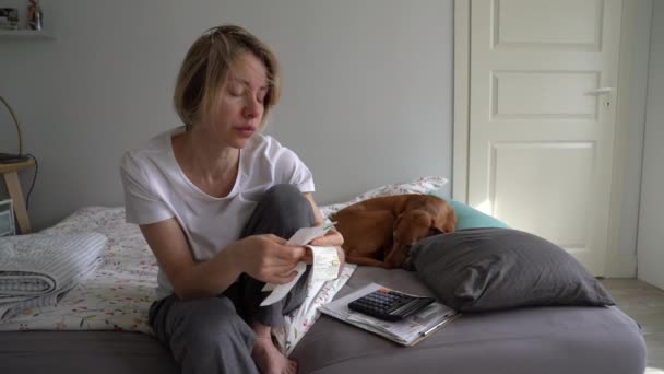 Frustrated Middle Aged Woman Worrying Unpaid Bills Rising Cost Living — Video