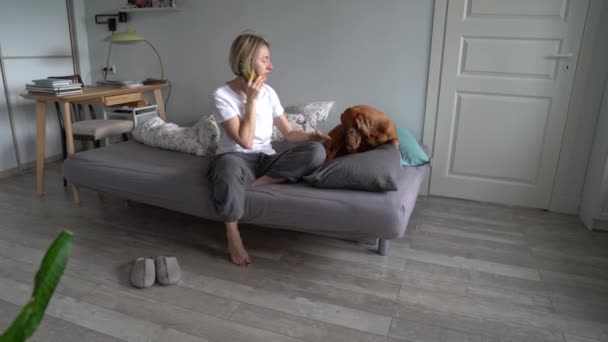 Middle Aged Scandinavian Woman Living Entirely Alone Talking Phone While — Stock Video