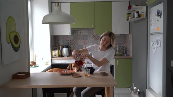 Mature Woman Living Alone Adorable Wirehaired Vizsla Dog Having Breakfast — Vídeo de Stock