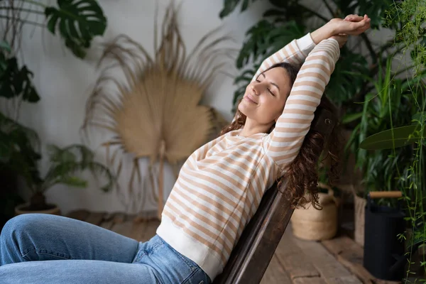 Stress Serene Young Polish Girl Resting Tropical Indoor Garden Peaceful — Stok fotoğraf