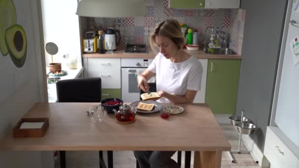 Lonely Single Middle Aged Woman Spreading Butter Toast Slice Knife — Video