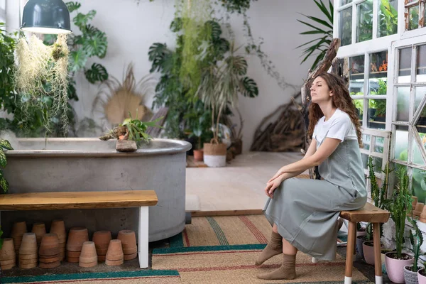 Sad Pensive Woman Sits Bench Home Garden Thinking Crisis Challenges — Stok fotoğraf