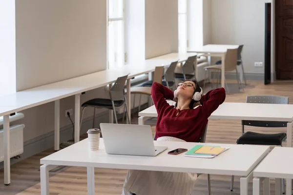 Calm Asian Girl Student Relax Closed Eyes Hands Listen Music — Stockfoto