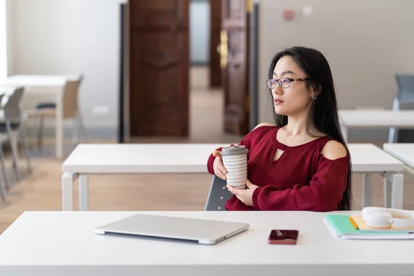 Thoughtful Pensive Korean Student Girl Glasses Resting Studying Process Library — Foto Stock