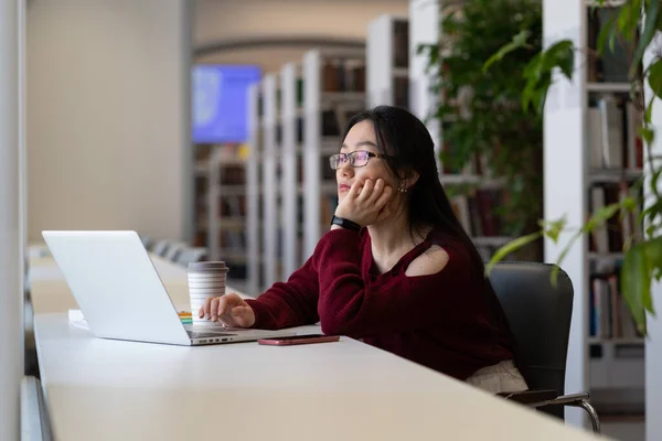 Bored Unhappy Japanese Girl Student Look Laptop Hand Cheek Sit — Stockfoto