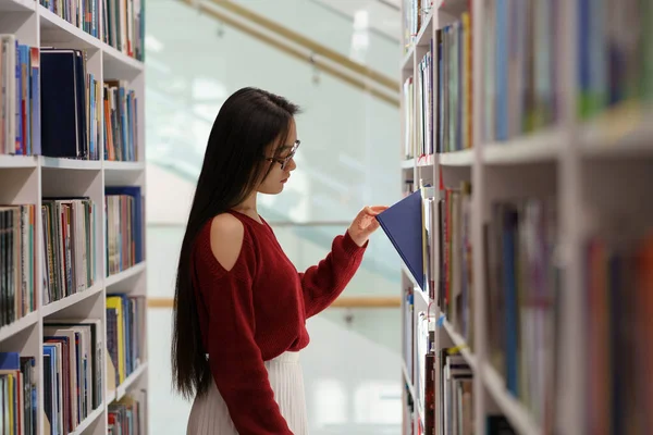 Asian Student Girl Standing Library Bookcases Young Korean Woman Picking Stock Photo