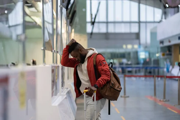 Sad African Guy Traveler Luggage Airport Terminal Upset Male Passenger — Stok fotoğraf