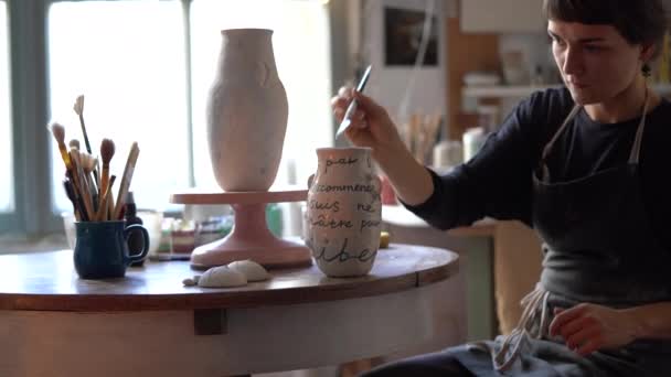 Young Craftswoman Applies Finishing Coat Handmade Individual Product Made Studio — Video Stock