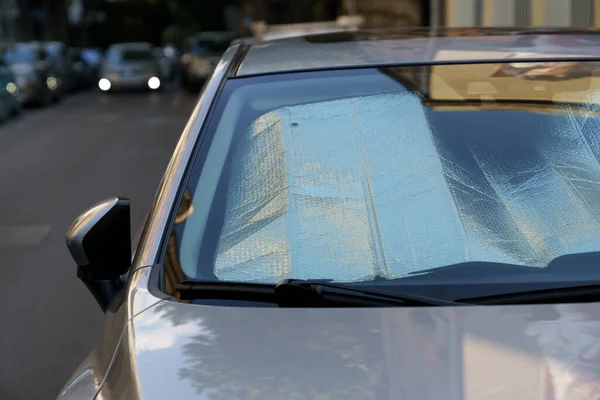 Closeup Protective Reflective Surface Windshield Passenger Car Parked Hot Day — Stock Fotó