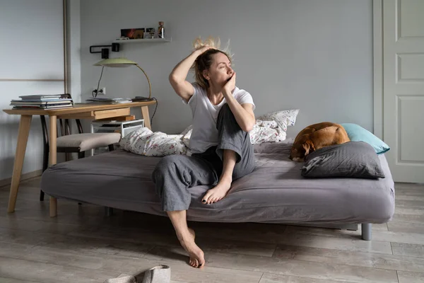 Sad Middle Aged Female Sits Bed Dog Looks Window Absence — Foto Stock