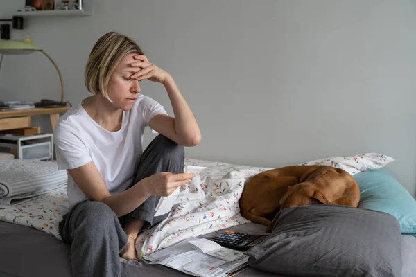Single Middle Aged Woman Sits Bed Discovers Difficulties Living Costs — Foto Stock