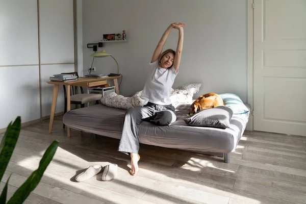 Middle Aged Female Pajamas Stretches Out Hands Half Awake Lady — Stockfoto