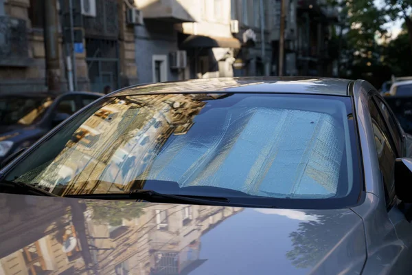 Closeup Protective Reflective Surface Windshield Passenger Car Parked Hot Day — Stock Fotó