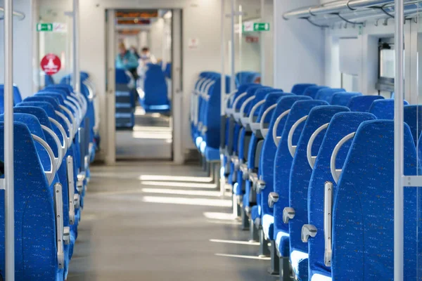 Interior Modern Passenger High Speed Express Train Row Empty Blue — ストック写真