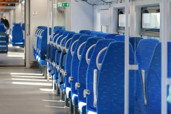 Interior Modern Passenger High Speed Express Train Row Empty Blue —  Fotos de Stock