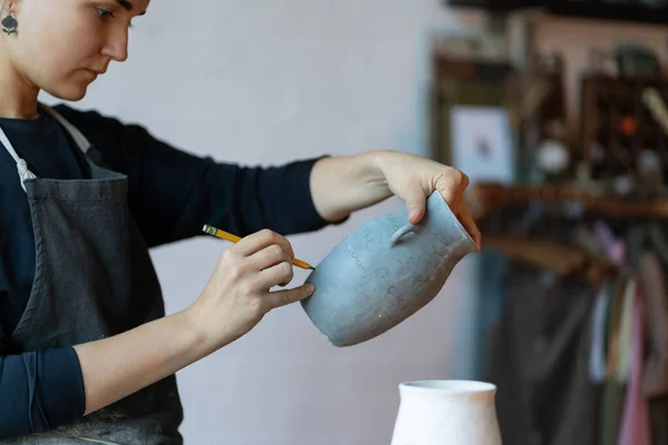Young Serious Skilled Woman Artisan Clay Blue Vase Pencil Painting — Foto de Stock