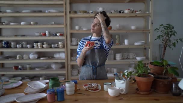 Young Creative Spanish Woman Potter Taking Break Workplace Studio Space — Stock video