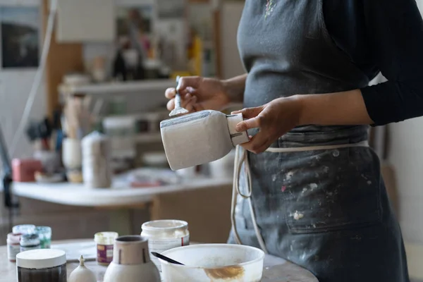 Crop Photo Woman Artisan Making Earthenware Vase Female Skilled Worker — Stockfoto
