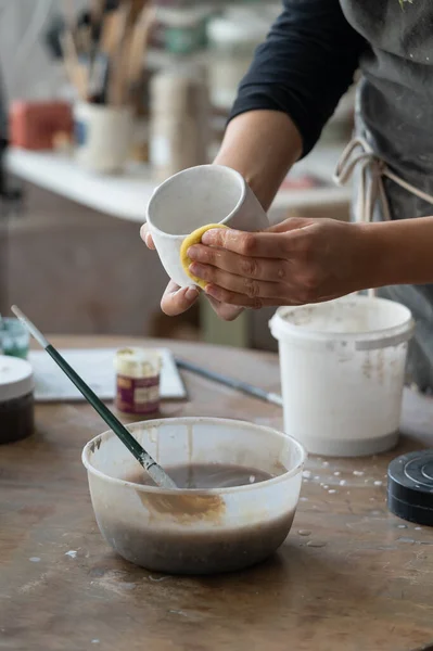 Female Artisan Enjoys Process Handmade Pottery Craft Standing Wooden Table — Stock Photo, Image