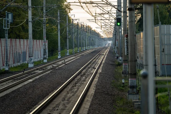 Empty railway tracks with green light semaphore at sunset, forest on background. Perspective of electrified high-speed railroad. Transportation concept.