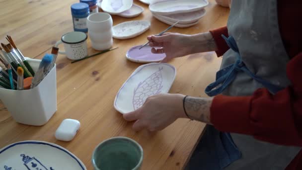 Keramische Kunst Vrouwelijke Keramiek Ontwerper Creëren Van Een Uniek Ontwerp — Stockvideo