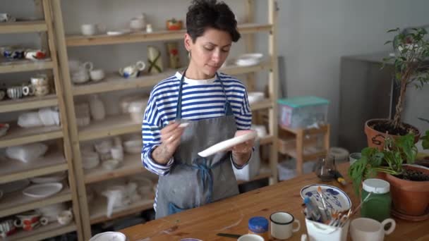 Focalisée Femme Potier Maître Tenant Pinceau Peinture Poterie Décoration Vaisselle — Video