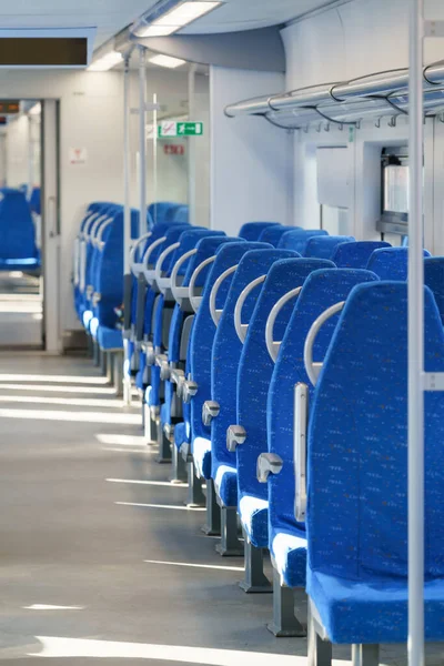 Interior Modern Passenger High Speed Express Train Row Empty Blue — Stock Fotó
