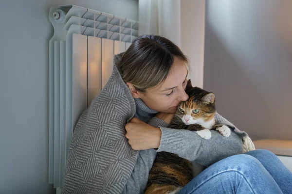 Polish Woman Dark Circles Eyes Hugs Kisses Favourite Cat Young — Stock Photo, Image