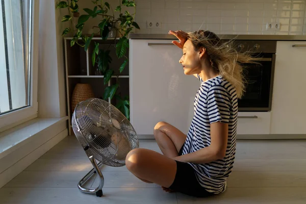Exhausted Young Woman Refreshing Sit Big Indoor Ventilator Blowing Cooling — Stock Fotó