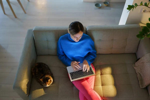 Donna Freelance Maglione Azzurro Lavora Piano Progetto Affari Appartamento Donna — Foto Stock