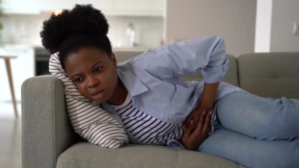 Sick African American Woman Experiencing Health Problems Suffering Cramps Stomach — Stock Video