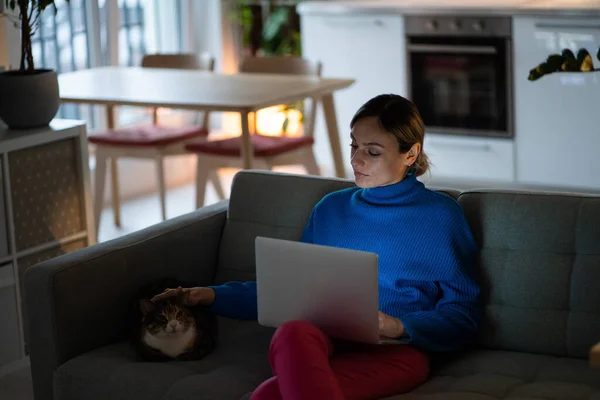 Kind Caucasian Woman Petting Cat Distracted Freelance Work Laptop Lap — Stock Photo, Image