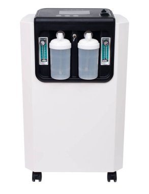 Solunum bozuklukları olan hastalara gaz vermek için tıbbi cihaz taşınabilir oksijen silindiri, Oksijen yoğunlaştırıcı ölçüm çubuğu ölçümü, izole edilmiş stüdyo beyaz arka plan kırpma yolu