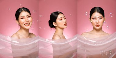 20 'li yaşlarda, Asyalı güzel bir kadının vücut portresi. Siyah saçlı, yüksek moda. Tatlı kız gülümsüyor pembe pastel sabun arka planda pek çok pozun üzerinde uçuyor..