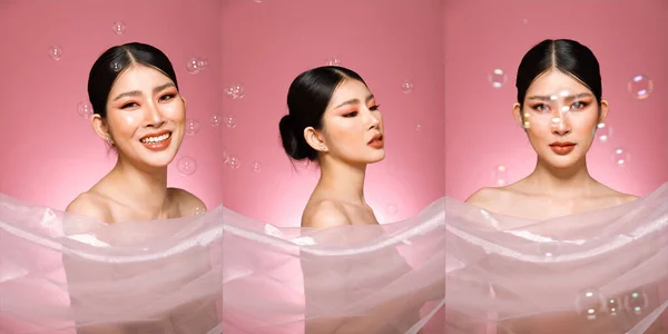 20世纪20年代亚洲美丽女人的半身像 可爱的女孩笑着粉红的泡沫肥皂泡在许多姿势上掠过背景 — 图库照片