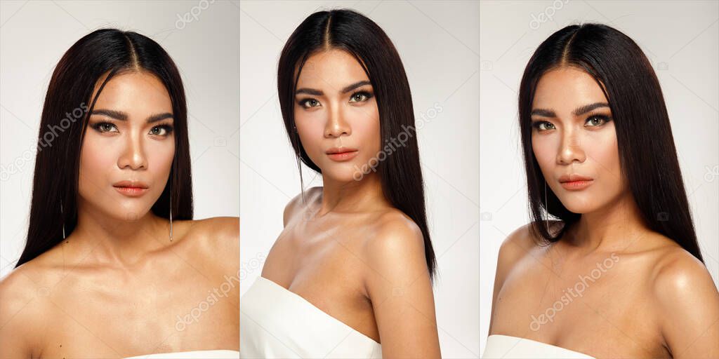 Half Body Portrait of 20s Asian tanned skin Woman black long straight hair open shoulder as beauty shot. Pageant contest Girl express smile happy strong many poses over white Background isolated