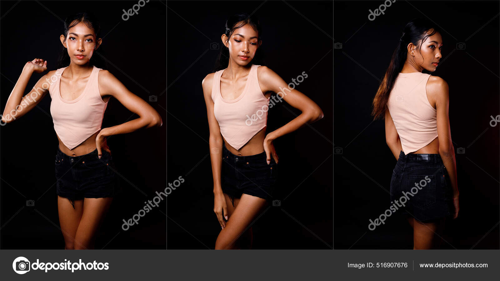 아시아 여성검은 머리의 청바지를 스니커즈 차림이다 화려하고 아름다운 백지에 외따로 — 스톡 사진 © JadeThaiCatwalk  #572824808, image size:1600x900