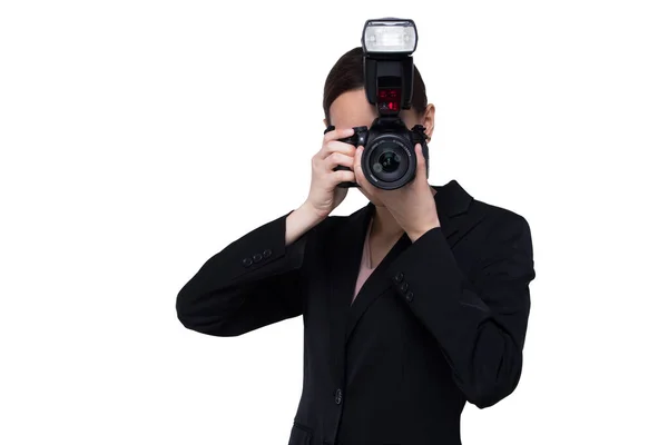 Aziatische Vrouw Fotograaf Houden Camera Met Externe Flash Point Onderwerp — Stockfoto