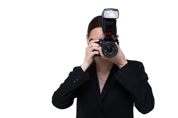 Aziatische Vrouw Fotograaf Houden Camera Met Externe Flash Point Onderwerp — Stockfoto