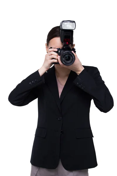 Aziatische Vrouw Fotograaf Houden Camera Met Externe Flash Point Onderwerp — Stockfoto