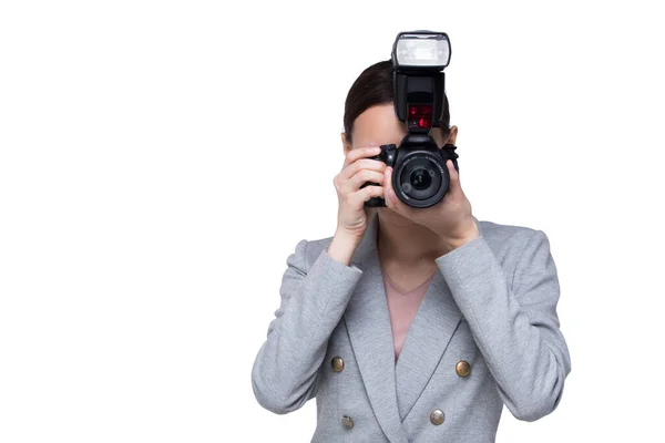 Asiatische Fotografin Hält Kamera Mit Externem Blitzpunkt Motiv Schießen Trägt — Stockfoto