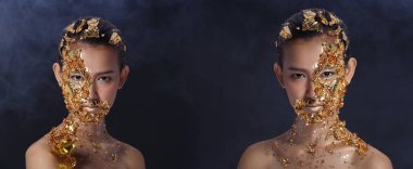 Altın Yaprak Lisesi moda stili Asyalı Kadın Yüzü esrarengiz görünüm çiçeği, Altın Maske Kaplıca Terapisi yaşlanmayı önleyen yeni süreç, stüdyo siyah duman arka planı, kopyalama alanı