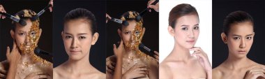 Altın Yaprak Lisesi moda stili Asyalı Kadın Yüzü esrarengiz görünümü, Altın Maskeli Spa Terapisi anti-aging, stüdyo aydınlatma kara duman arka planı, fotokopi alanı, bir sürü el makyaj fırçası.