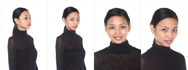 ハーフボディポートレート20代アジアの日焼けした肌新鮮な顔を持つ女性の長い黒い髪を構成しません 女性は黒のドレスを着用し 顔の感情表現の角度を示す幸せな笑顔 白い背景孤立感 — ストック写真